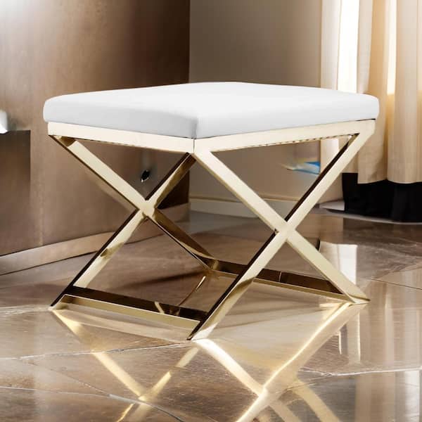 Benjara 20 in. White and Gold Low Back Metal Ottoman Stool with Faux Leather Seat