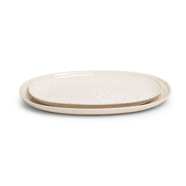 Siterra 2-Piece 14.63 in. Speckled Stoneware White Serving Platter Set- Oval Large Ceramic Platters