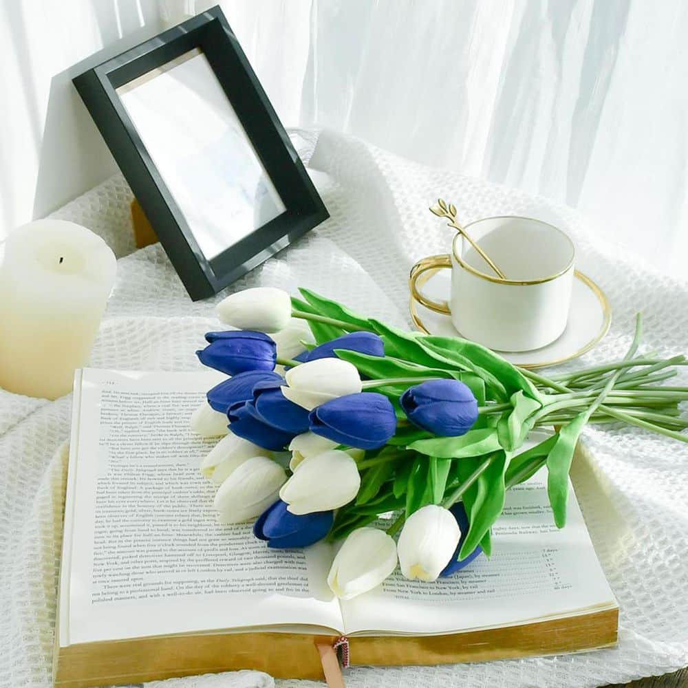 20-Pieces Blue and White Artificial Tulip Silk Fake Flowers 13.5
