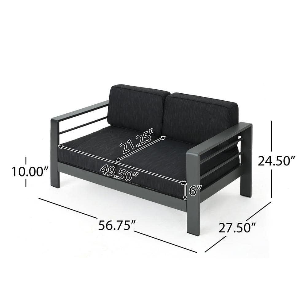 Gray Aluminum 5-Piece Outdoor Firepit Sofa Set with Dark Grey Cushions