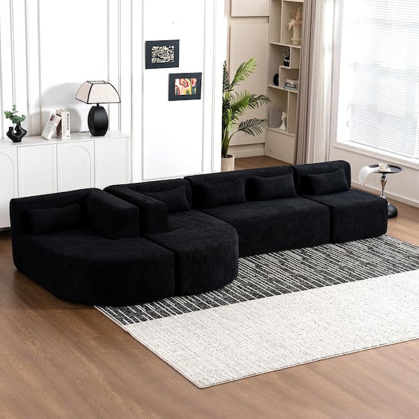 Harper & Bright Designs 144 in. Luxury PolyesterUpholstered Modern Modular Sectional Sofa in Black with 5-Pillows