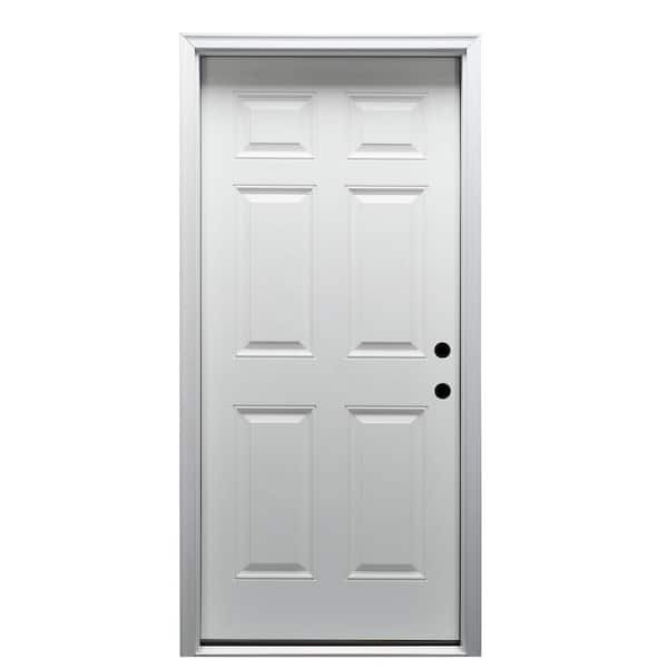 36 in. x 80 in. 6-Panel Left-Hand Inswing Primed Fiberglass Prehung Front Door on 4-9/16 in. Frame with Nickel Hinges