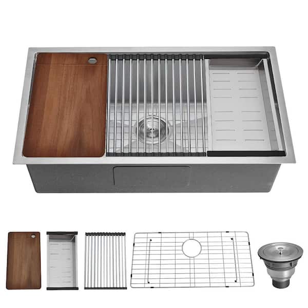 33 in. Undermount Single Bowl 20-Gauge Brushed Nickel Stainless Steel Workstation Kitchen Sink with Bottom Grids