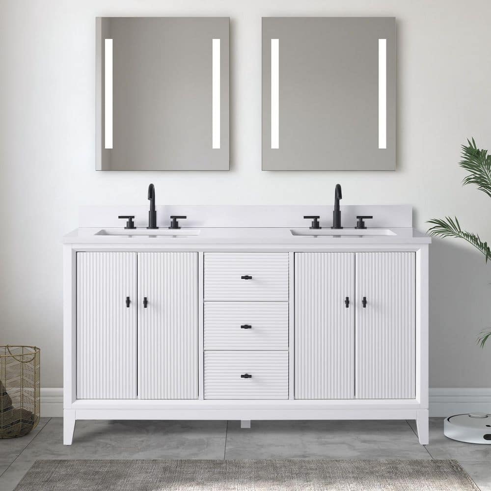 60 in. W x 22 in. D Double Sink Freestanding White Bath Vanity Cabinet with White Engineered Marble Top price history on PriceWatchPro