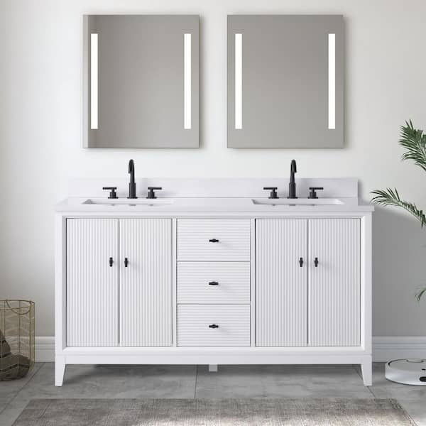 60 in. W x 22 in. D Double Sink Freestanding White Bath Vanity Cabinet with White Engineered Marble Top