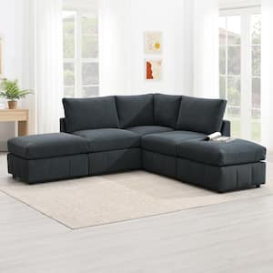 93 in. Armless Corduroy Fabric Modular Sectional Sofa in. Gray with 2 Convertible Ottomans, Vertical Stripes