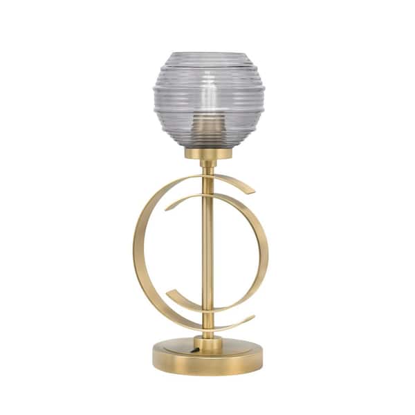 Unbranded Delgado 16.5 in. New Age Brass Lamp Desk Lamp, Piano Desk Lamp, with Smoke Ribbed Glass Shade