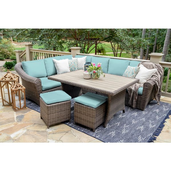 Leisure Made Walton 7-Piece Wicker Sectional Seating Set with Spa Blue Polyester Cushions