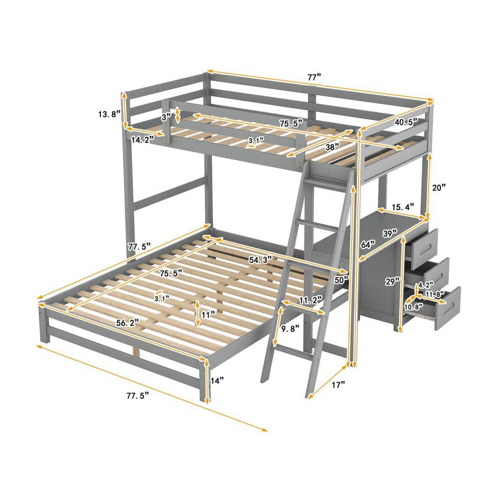Harper & Bright Designs Gray Twin over Full Wooden Bunk Bed with Built-in Desk, 3 Drawers and Ladder - 2