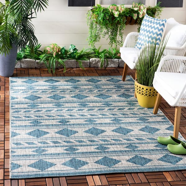 Courtyard Gray/Teal 2 ft. x 4 ft. Striped Diamond Geometric Indoor/Outdoor Area Rug