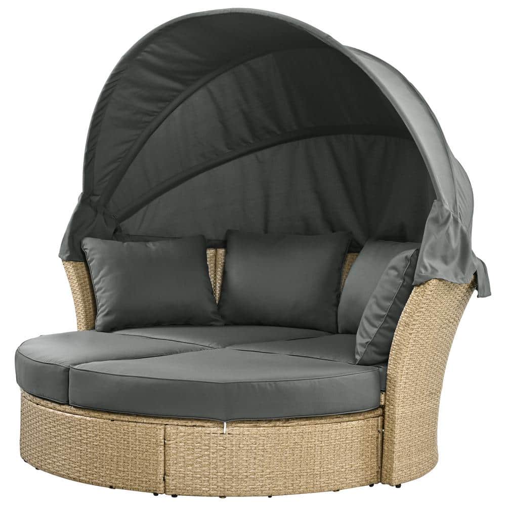 Wicker Outdoor Patio Day Bed with Gray Cushions, Rattan Double Daybed Round