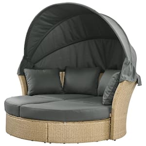 Wicker Outdoor Patio Day Bed with Gray Cushions, Rattan Double Daybed Round Sofa Furniture Set with Retractable Canopy
