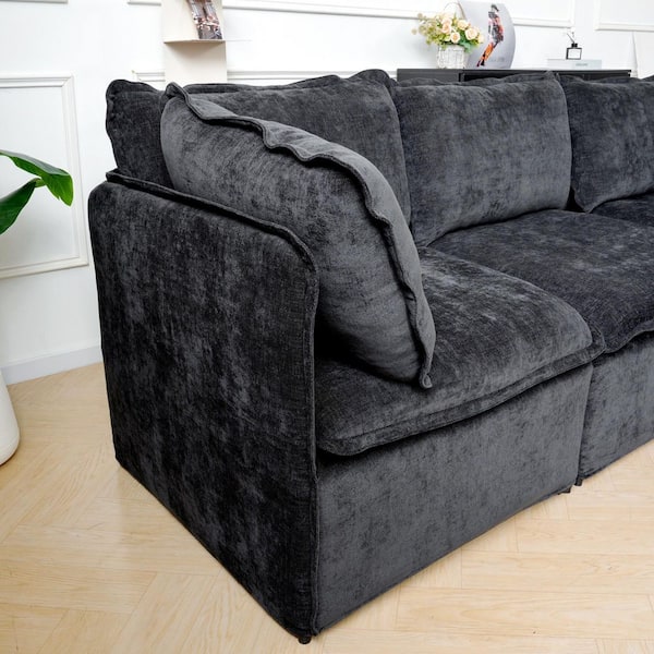 Modular 96 in. Polyester Straight Arm Sofa Couch w/ Removable Cover and Ottoman, Portable for Rentals,Apartment in Black
