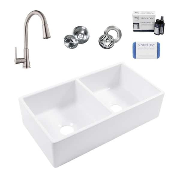 SINKOLOGY Turner 33 in. Farmhouse Apron Front Undermount Double Bowl Crisp White Fireclay Kitchen Sink with Pfirst Faucet Kit