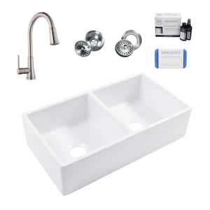 Turner 33 in. Farmhouse Apron Front Undermount Double Bowl Crisp White Fireclay Kitchen Sink with Pfirst Faucet Kit
