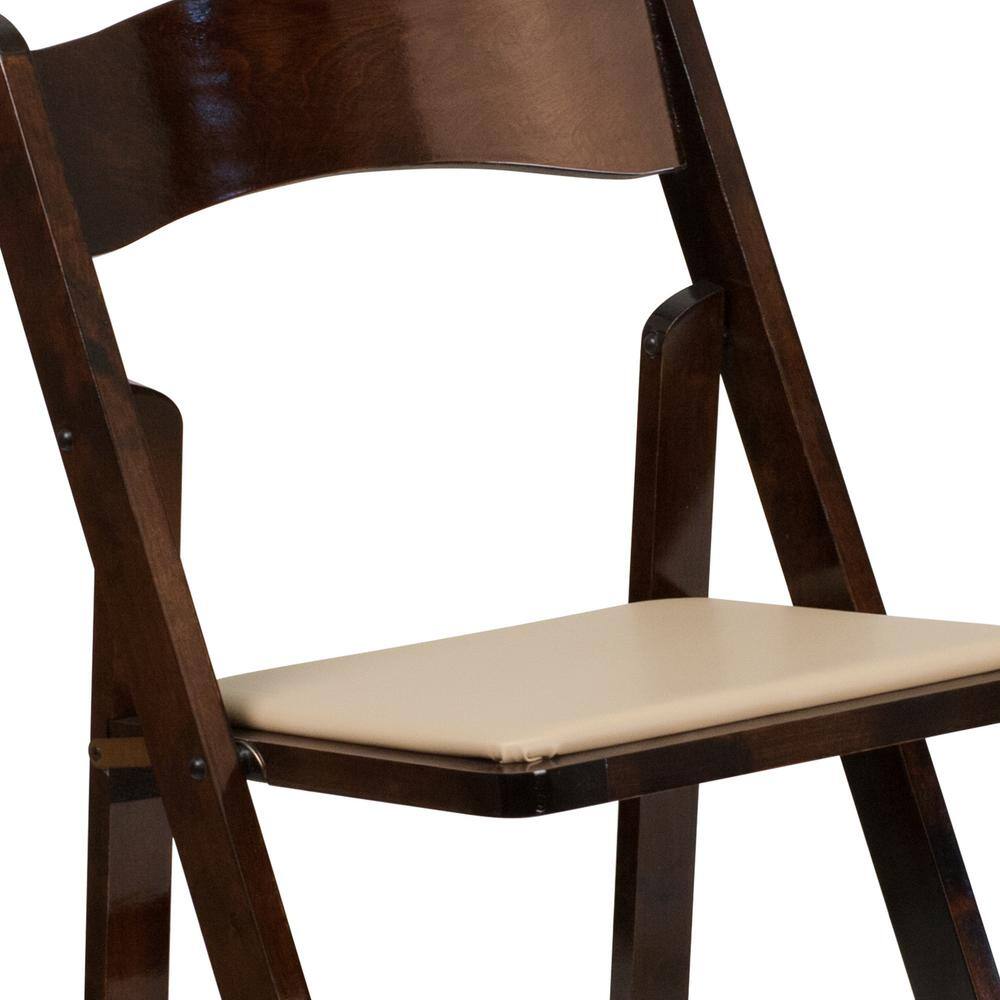 Fruitwood Folding Chair with Beige Vinyl Padded Seat