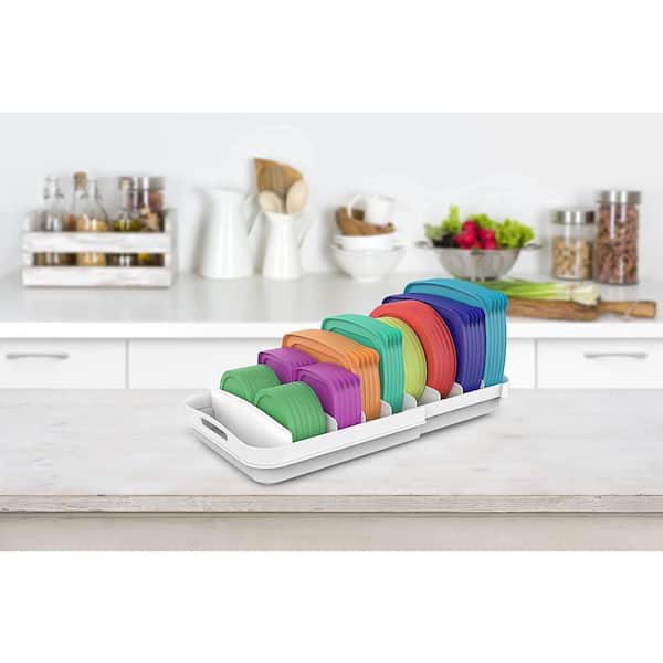 White Cabinet Lid Organizer Drawer Organizer with Adjustable Compartments for Container Lids, Built-In Handle