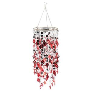 27 in. Silver Mirrored Outdoor Chandelier with Red Metal Snowflakes and Solar-Powered Lights