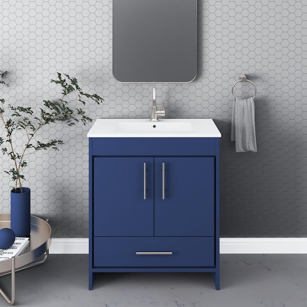 VOLPA USA AMERICAN CRAFTED VANITIES Pacific 30 in. W x 18 in. D x 34 in. H Bathroom Vanity in Navy with White Ceramic Vanity Top with White Basin