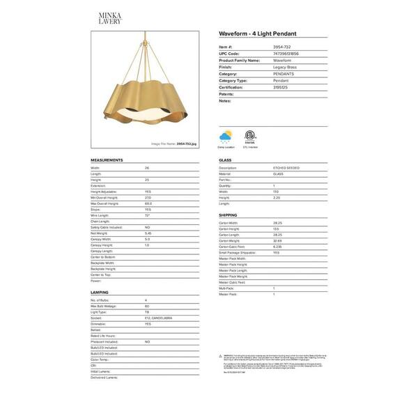Minka Lavery - Waveform 60-Watt 4-Light Legacy Brass Round Pendant Light with Etched Seeded Glass and Metal Shades, No Bulbs Included