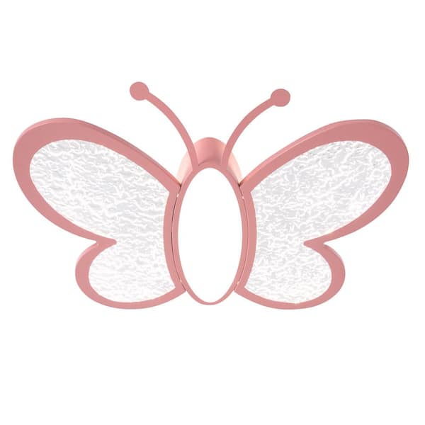 OUKANING ​ 19.68 in. Pink Creative Butterfly-Shaped Dimmable LED Flush Mount Ceiling Light with Acrylic Shade and Remote