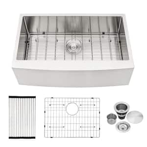 30 in. Farmhouse Apron Single Bowl Brushed Nickel Stainless Steel Kitchen Sink with Bottom Grid