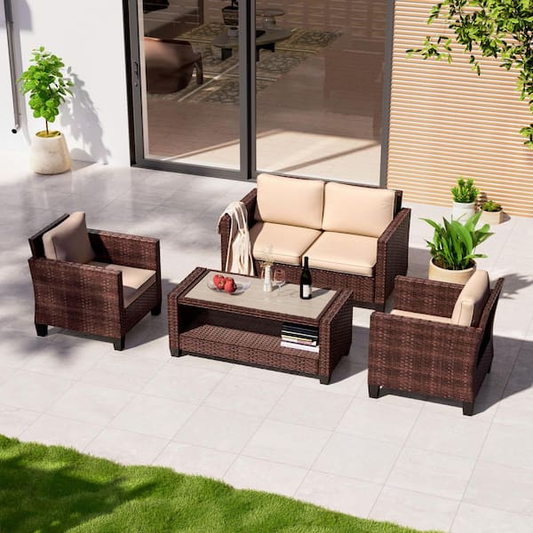 Sonkuki 4-Pieces Patio Conversation Set Loveseat Sofa with Coffee Table All-Weather Brown Wicker with Sand Cushions