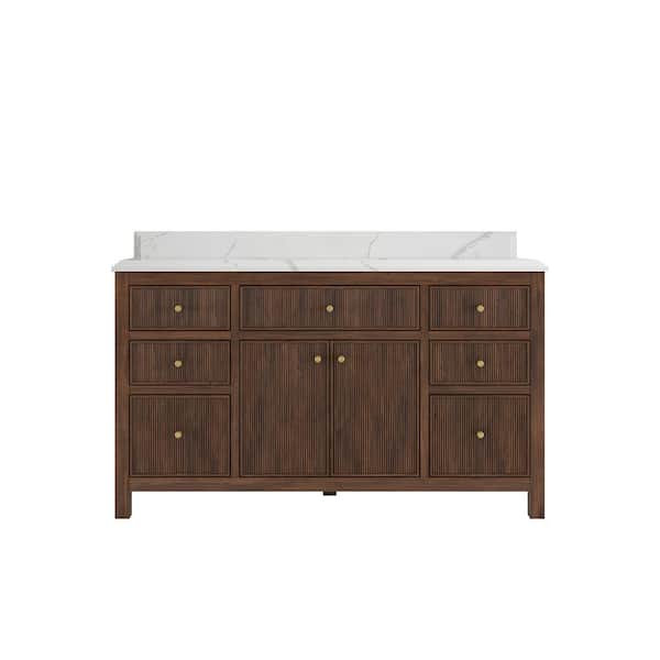 Willow Collections Sonoma Teak 60 in. Single Sink Freestanding Dark Walnut Bath Vanity with Calacatta Laza Qt. Top Unassembled