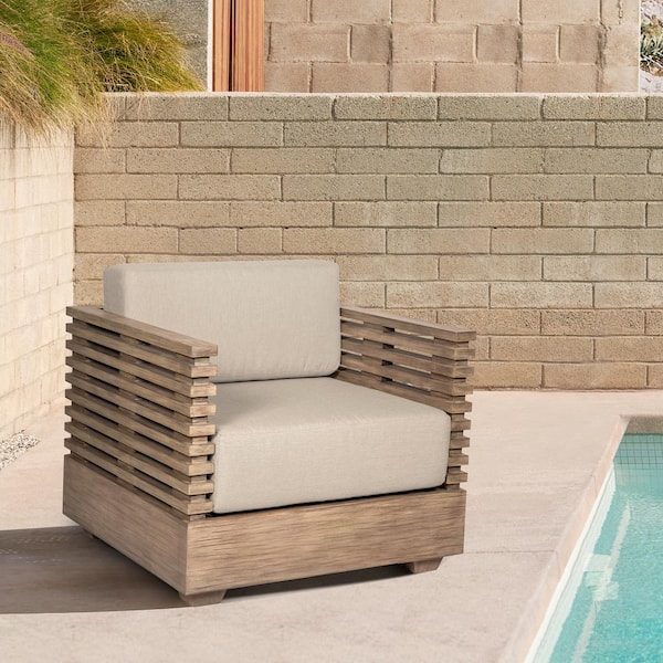 Armen Living Vivid Light Brown Eucalyptus Wood Outdoor Lounge Chair with Taupe Cushion