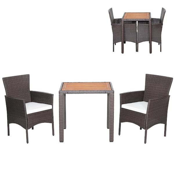 Costway 3-Piece Wicker Outdoor Dining Set Acacia Wood Table Top with Off White Cushions Chairs Garden