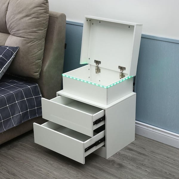 YIYIBYUS 2-Drawer White Bedside Table End Table with LED HG-WMTZXL 