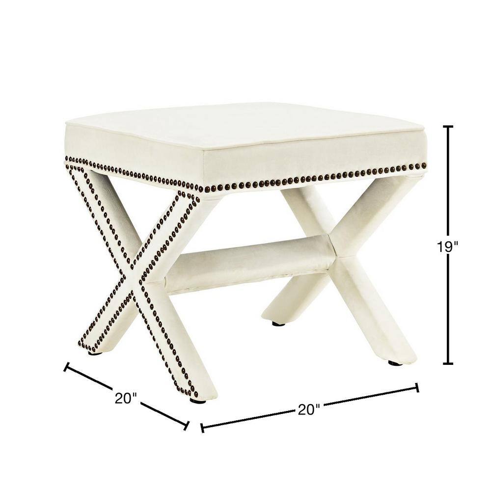 Elegant Ivory Velvety Polyester Nailhead Trim Bench