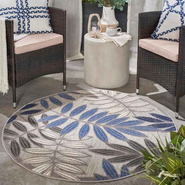 Aloha Gray/Blue 5 ft. x 5 ft. Round Floral Contemporary Indoor/Outdoor Patio Area Rug