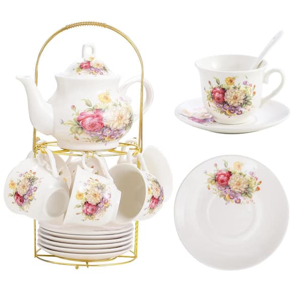 20-Piece Porcelain Tea Set White Floral European Style with Gold Metal Rack Compatible with Electric Cooktops