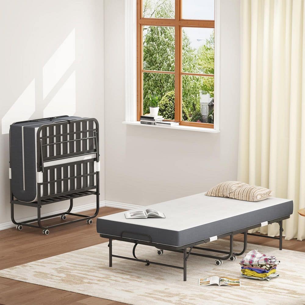 "75 in. L × 38 in. W Black Twin Metal Frame Rollaway Bed Folding Bed with 5"" Memory Foam Mattress" price history on PriceWatchPro