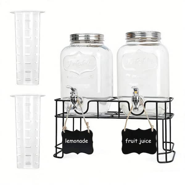 2-Pack 1 Gal. Glass Drink Dispensers for Party, Beverage Dispenser w/ Stand, Spigot, Ice Cylinder and Chalkboard Labels