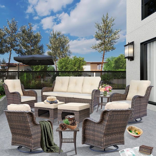 Brown 9-Piece Wicker Patio Furniture Set Outdoor Rattan Sofa Swivel Rocking Chairs with Beige Cushions and Ottomans