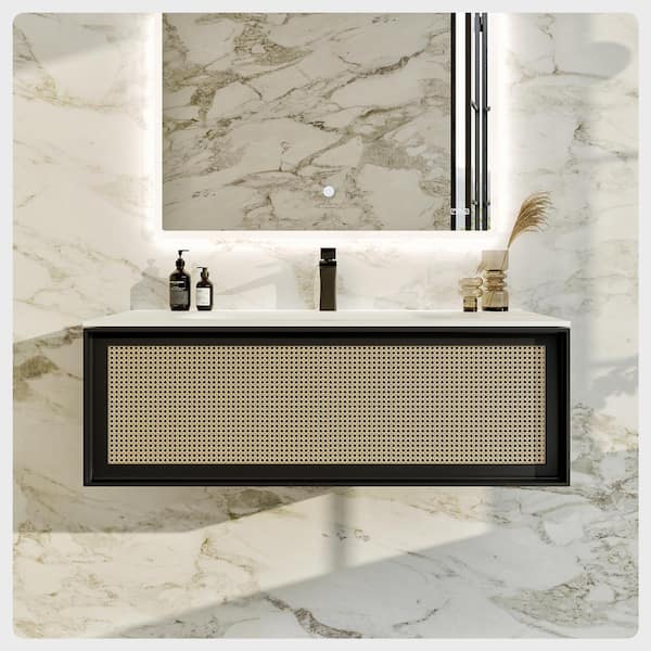 Eviva Nets 44 in. Single Sink Floating Natural Oak/Black Bath Vanity with White Solid Surface Top (Assembled)