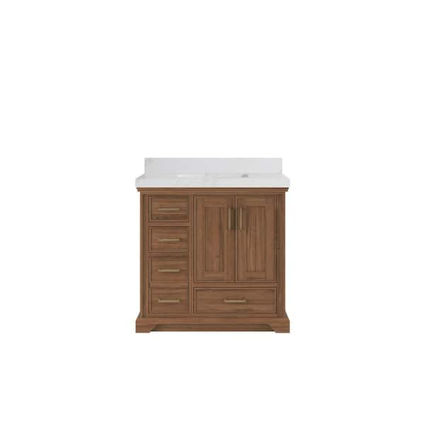 Willow Collections Charlotte Teak 36 in. W x 22 in. D x 36 in. H Center Sink Bath Vanity in Dark Natural with 2" Calacatta Sienna Qt. Top