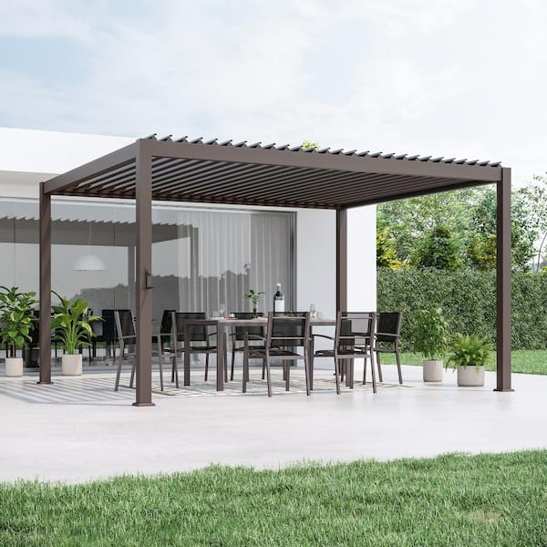 Titan Series 12 ft. x 14 ft. Dark Brown Aluminized Steel Louvered Pergola Modern Outdoor Pergola with Adjustable Roof