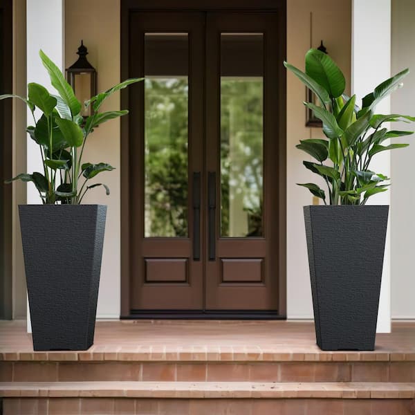 Large & Tall 27.57 in. High Square Charcoal Black Plastic Planter Pots for Indoor/Outdoor Plants (Set of 2)