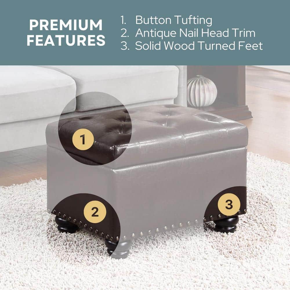 Espresso Faux Leather Tufted Storage Ottoman with Nailhead Trim