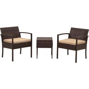 3-Piece Rattan Wicker Outdoor Bistro Set Outdoor Conversation Set with Yellow Cushions, 2 Armchairs and 1 Table