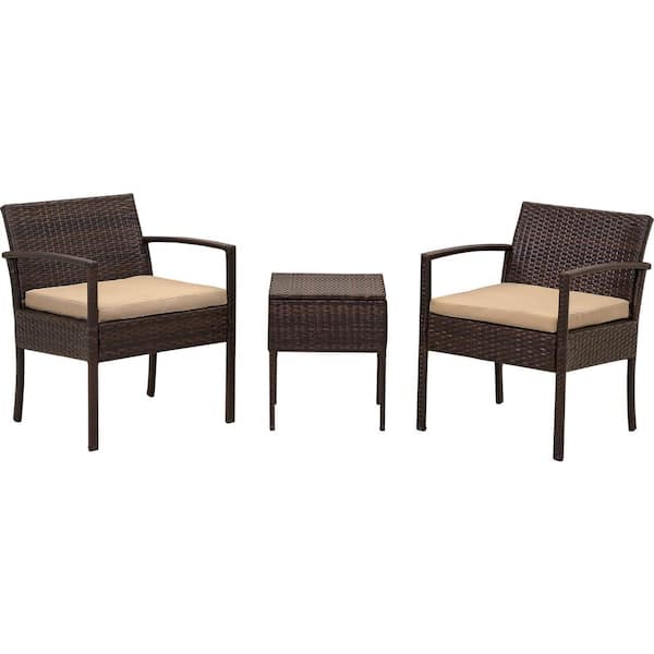 Afoxsos 3-Piece Rattan Wicker Outdoor Bistro Set Outdoor Conversation Set with Yellow Cushions, 2 Armchairs and 1 Table