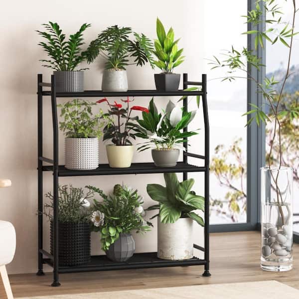 3-Tier Black Metal Plant Stand Waterproof Indoor Outdoor, (7.48 in