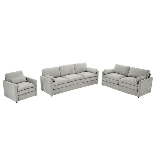 3-Piece Light Gray Chenille Living Room Set with Loveseat and Single Sofa