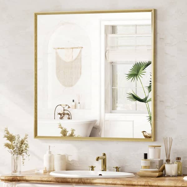 36 in. W x 36 in. H Modern Beveled Aluminum Frame Square Wall Mirror, Brushed Gold