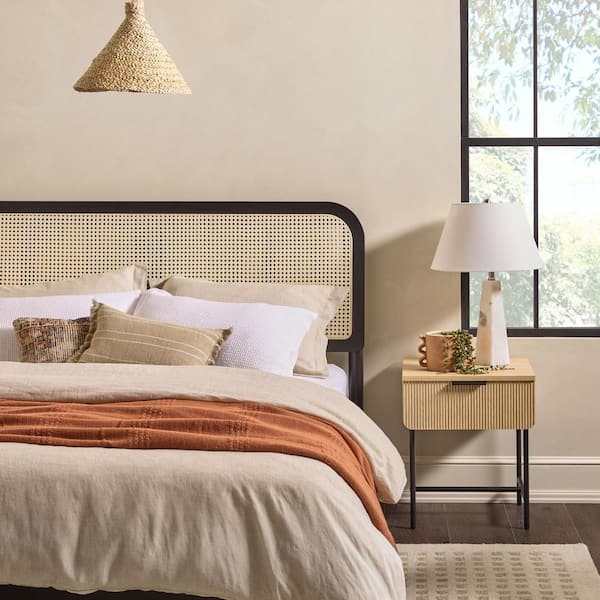 Boho Black Solid Wood Frame Queen Platform Bed with Rattan Headboard Insert