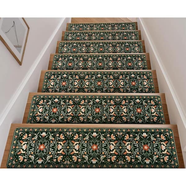Black 8 in. x 30 in. Floral Stair Tread Cover (Set of 15)