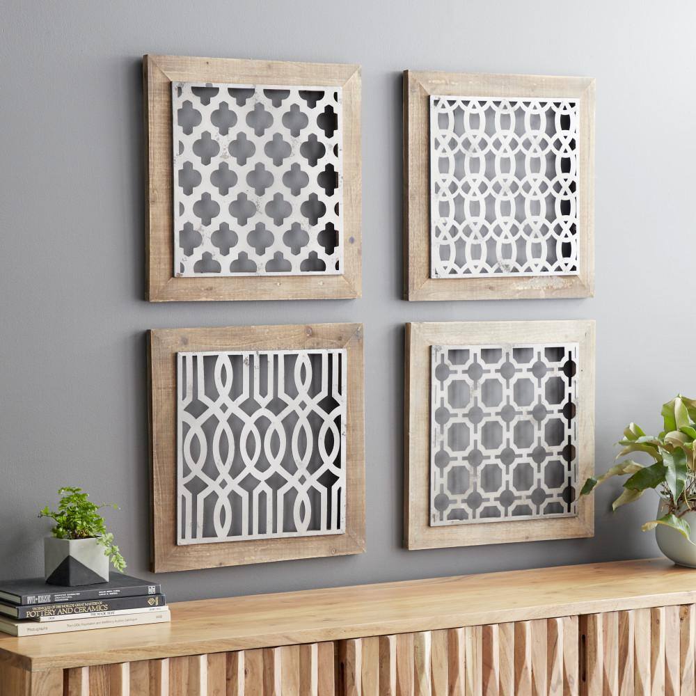Rustic Farmhouse Iron & Wood Geometric Wall Decor Set, 19" Square